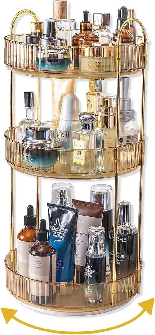 360 Rotating Makeup Organizer for Vanity,3 Tier Large Capacity Vanity Storage,Skincare Perfume Spinning Organizer,Bathroom Cosmetics Storage Makeup Stand Organizer (Gold-3 Tier)