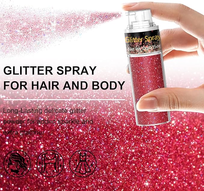 Hair and Body Glitter Spray, 1PC Glitter Hairspray Dry Powder Makeup for Clothes, Festival Rave Prom Loose Sparkle Powder,Holographic Ultra Fine Resin Glitters for Crafts (1PC Red)