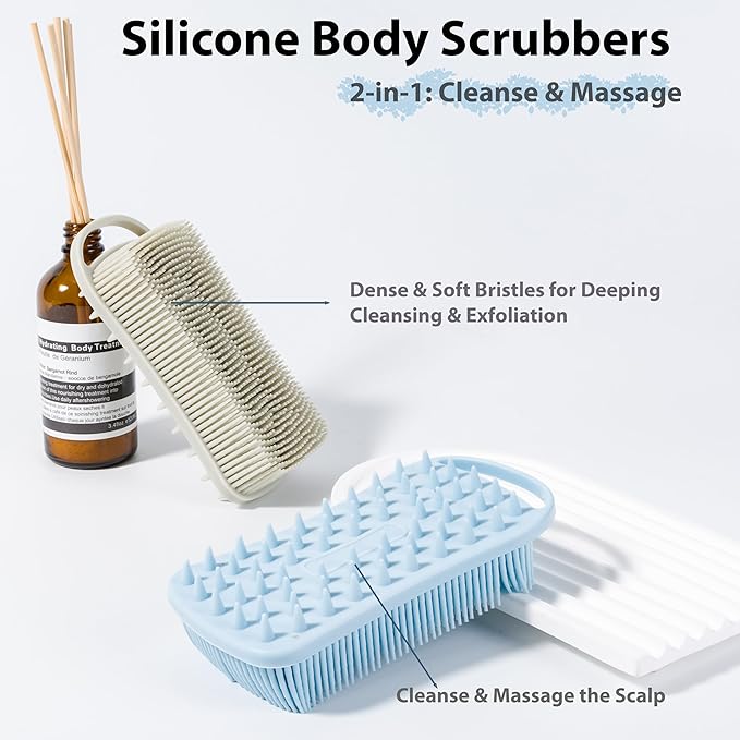 2 PC Silicone Body Scrubber, 2 in 1 Exfoliating Shower Bath Scrubber, Soft Silicone Loofah for Sensitive Skin, Shower Hair Scalp Massager, Easy to Clean, Lather Well (Grey&Blue)