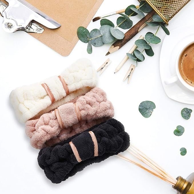 3 Pack Women's Spa Microfiber Skincare Headbands for Face Washing, Makeup Removal and More (Pink, White, Black)