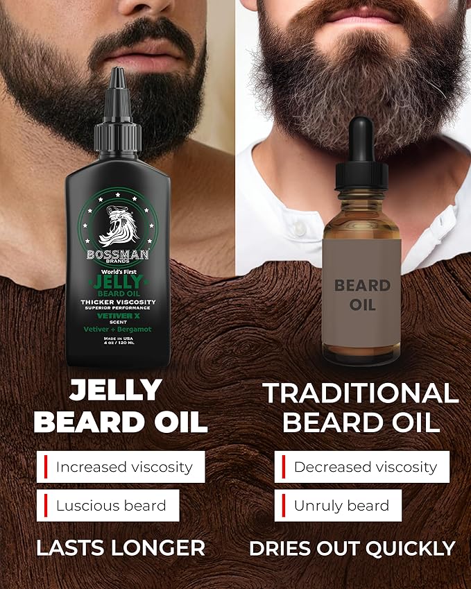 Bossman Jelly Beard Oil for Men - 3 Pack (12 oz in Total, Vetiver X Scent) – Softens, Moisturizes & Conditions with Natural Ingredients