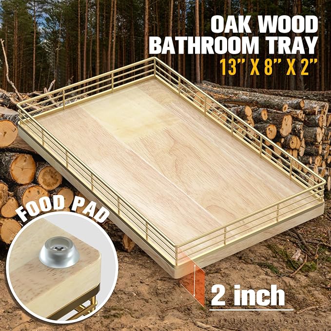 Large Bathroom Vanity Tray – 13" x 8" Oak Decorative Wooden Tray for Bathroom Countertop & Vanity Organizer, Wood Tray for Perfume Skincare Accessories Storage Vanity Dresser Decor Gold & Natural Oak