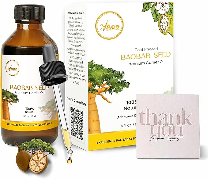 My Ace Baobab Seed Carrier Oil | 100% Pure Cold Pressed Unrefined Premium Oil for Hair Growth, Skin & Face Care, Body Massage & Aromatherapy – 4 fl oz