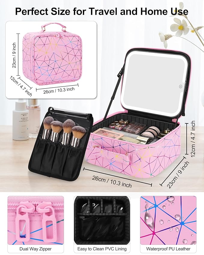 Relavel Travel Makeup Bag with LED Mirror, Portable Cosmetic Train Case with 3 Color Lighted Brightness Mirror, Makeup Artist Organizer Storage with Adjustable Dividers Make Up Box - Pink Strip