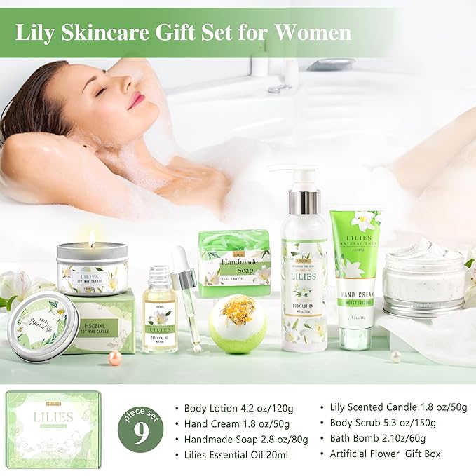 Gifts for Women, Birthday Gifts for Women, Bath and Body Gifts Set, Lilies Self Care Set,Christmas Mothers Day Relaxing Spa Basket for Mom, Grandma, Girlfriend, Sister, Friends