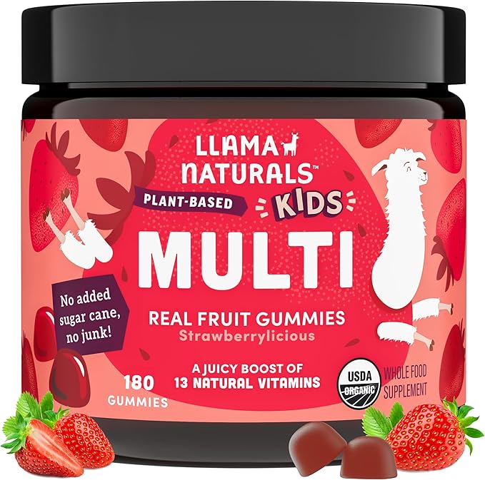 Llama Naturals Kids Multivitamin Gummies | Real Fruit, No Added Sugar Cane | Organic Vegan Toddler Whole Food Vitamins | Vitamin D, C & Beta Carotene Gummy Supplement | Strawberry 180 Ct (2-3 Months)