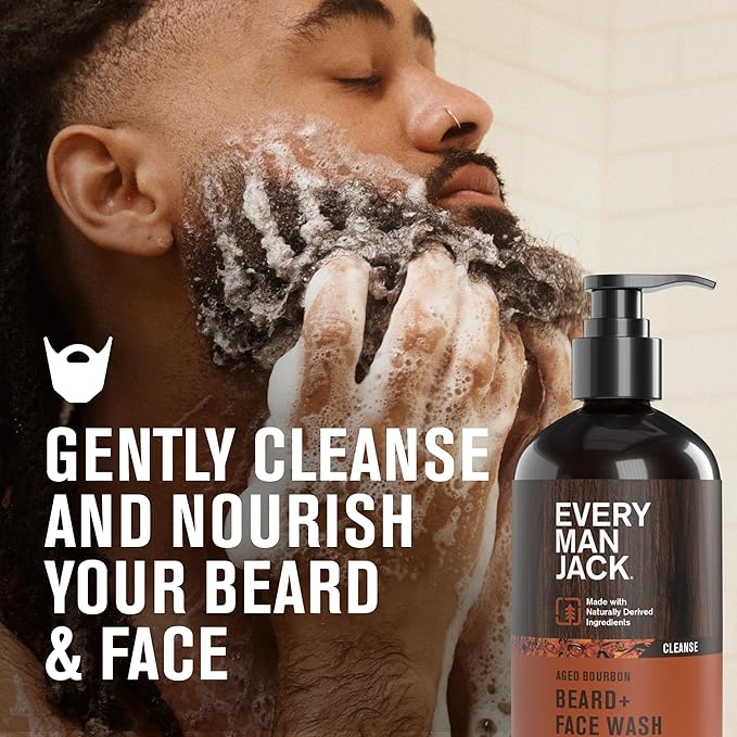 Every Man Jack Beard + Face Wash - Subtle Aged Bourbon Fragrance - Cleans and Helps Condition and Soften Your Beard and Skin Underneath - Naturally Derived with Aloe and Glycerin- 6.7 fl oz (2 Pack)