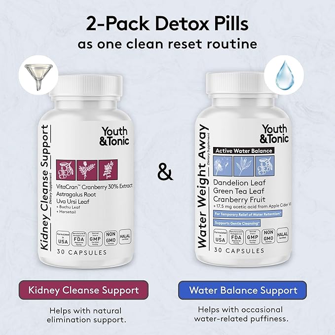 Youth & Tonic Gentle Body Cleanse & Detox – Clean Reset with Natural Flush & Diuretic Balance – 2PK: Kidney Cleanse Support + Water Weight Away, 60 Pills