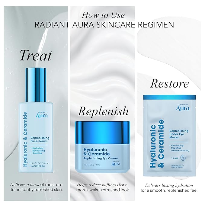 Radiant Aura Hyaluronic Acid & Ceramide Under Eye Patches - Dermatologist Tested, Anti Aging, Korean Skin Care - Anti Wrinkle Pads For Puffy Eyes And Under Eye Bags - Vegan, Clean Beauty - 15 Pairs