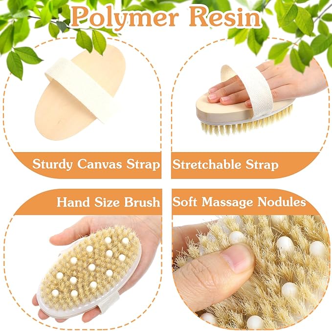 10 Pcs Dry Brushing Body Brush, Natural Bristle Body Brush with Massage Nodes for Lymphatic Drainage and Improving Skin Health and Reduces Acne, Soft Handle with Boar, Brushes for Shower