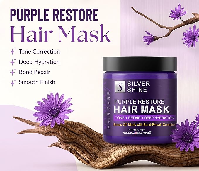 Silver Shine Purple Hair Mask for Gray Hair – Deep Conditioning Toner Treatment to Neutralize Brassiness, Restore Moisture & Brighten Dull Hair – Paraben & Sulfate Free, Made in USA, 8oz