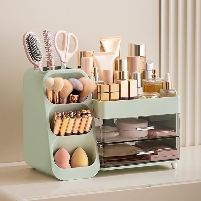 HBlife Makeup Organizer with Brush Holder for Vanity, Large Plastic Bathroom Countertop Organizer Skin Care Storage, Easy to Store Lipsticks, Nail Polishes, Perfumes, Eyeshadow Palettes, Green