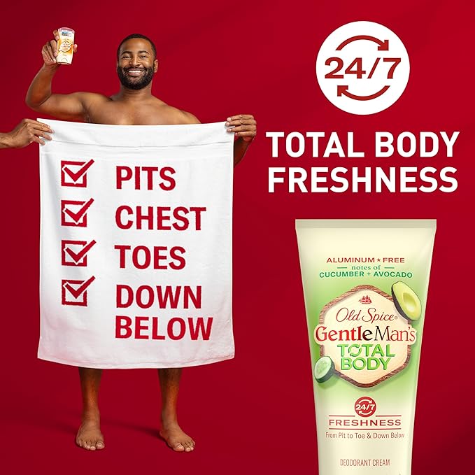 Old Spice Whole Body Deodorant Cream for Men, Aluminum Free, Cucumber + Avocado Scent, 24/7 Odor Protection, 24/7 Lasting Freshness, Dermatologist Tested, Gentle on Skin, Safe to Use All Over, 3.0 oz