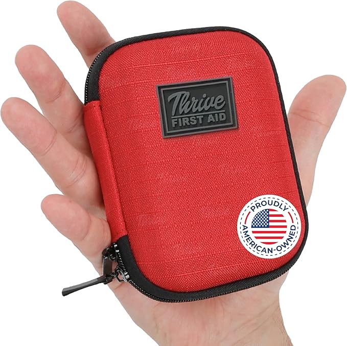 Thrive Mini First Aid Kit - Compact Travel Essentials for Camping & Cruise, Waterproof Survival Med Kit for Hiking, Portable Emergency Hiking Supplies Pouch, 66-Piece, Red Shell Case