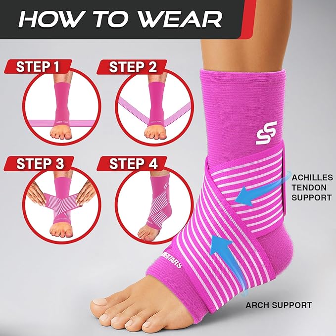 Sleeve Stars Ankle Brace for Women & Men, Ankle Wrap for Sprained Ankle, Compression Sleeve for Plantar Fasciitis Relief, Easy Customizable Support: w/Removable Strap (Pair/M:10"-12"/Hot Pink)