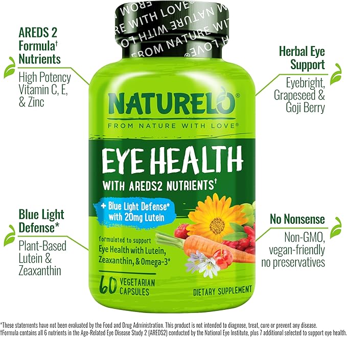 NATURELO Eye Vitamins - AREDS 2 Formula Nutrients with Lutein, Zeaxanthin, Vitamin C, E, Zinc, Plus DHA - Supplement for Dry Eyes, Healthy Vision, Eye Support - 60 Vegan Capsules (Pack of 2)