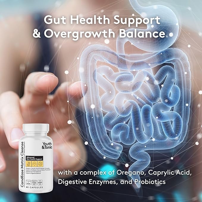 Youth & Tonic CandEase Cleanse Matrix – Overgrowth Support & Gut Health, Intestinal Flora Balance & Body Detox Complex with Oregano, Caprylic Acid, Digestive Enzymes, Probiotics, 60 Pills, Women & Men