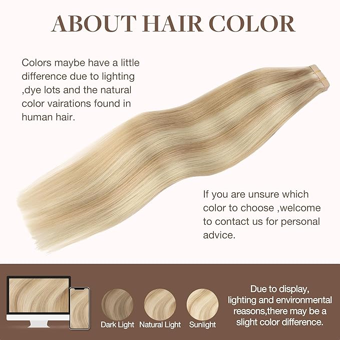 GOO GOO Tape in Hair Extensions Human Hair, 18A/613A Dark Blonde Highlighted Bleach Blonde, 14inch 25g 10pcs, Skin Weft Seamless Invisible, Silky Straight with Thick Ends, Remy Human Hair