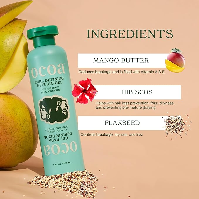 OCOA Beauty Curl Defining Styling Gel with Flaxseed, Mango Butter & Hibiscus – Medium Hold for Curly & Wavy Hair – Frizz Control, Deep Hydration & Soft Defined Curls with Zero Flaking or Crunch – 8oz