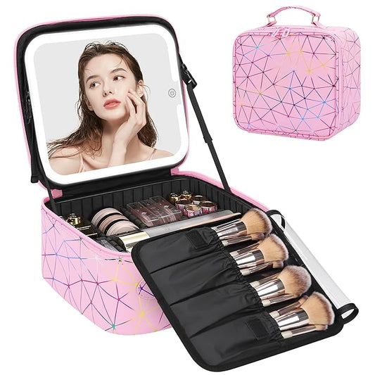 Relavel Travel Makeup Bag with LED Mirror, Portable Cosmetic Train Case with 3 Color Lighted Brightness Mirror, Makeup Artist Organizer Storage with Adjustable Dividers Make Up Box - Pink Strip