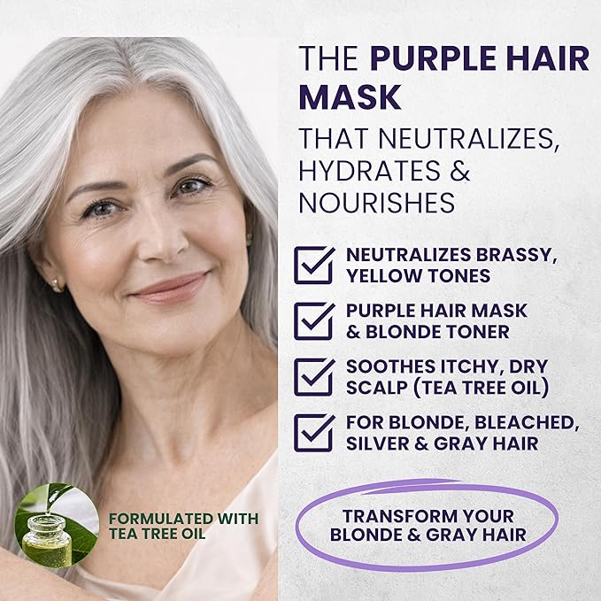 Tea Tree Purple Hair Mask Toner with Argan Oil, Deep Conditioner for Dry Damaged Bleached, Blonde White & Gray Hair, Relieves Itchy Scalp, Removes Brassy & Yellow Tones | Hair Mask Toner, Deep Conditioner, Gray Hair Care, Blonde Hair Care, Bleached Hai...