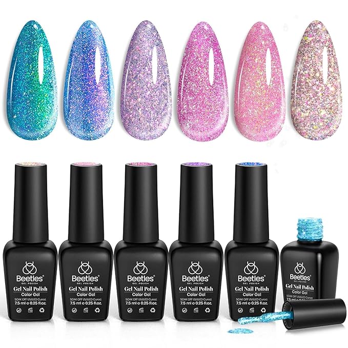 Beetles Chameleon Gel Nail Polish Set- 6 Colors Sparkle Pink Purple Blue Glitter Gel Polish Kit Chameleon Crushed Diamond Multifunction Soak off Uv Nail Gel DIY Manicure Valentines Gift for Women