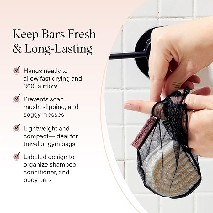 Kitsch Bar Soap Saver Bag – Patented Mesh Bag Soap Holder for Shampoo and Conditioner Bars - Extends Use & Prevents Soggy Mess - Recycled Mesh Beauty Pouch, Eco-Friendly – Black