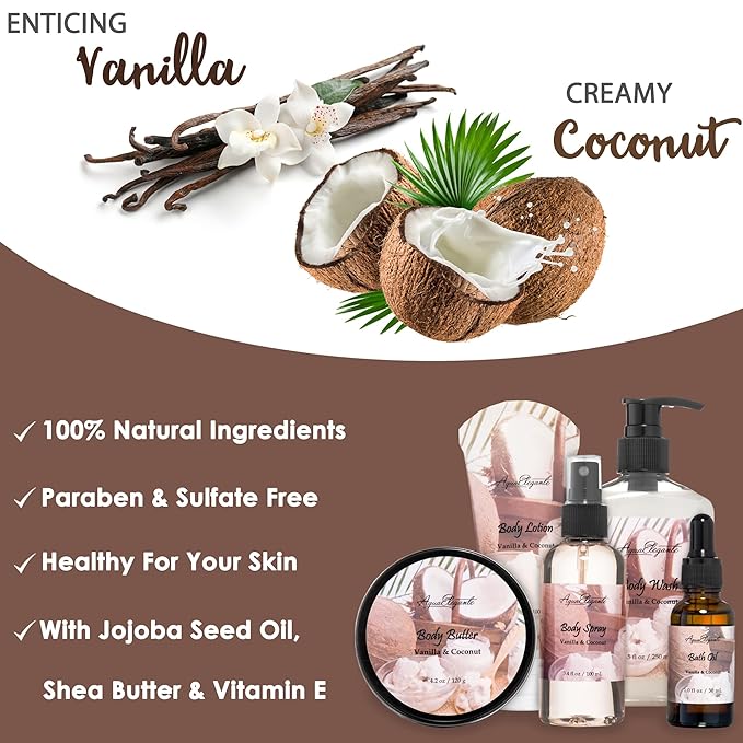 Spa Gift Baskets For Women - Luxury Bath Set With Coconut & Vanilla - Spa Kit Includes Body Wash, Bubble Bath, Lotion, Body Butter, Soap, Body Spray, Shower Puff, and Towel