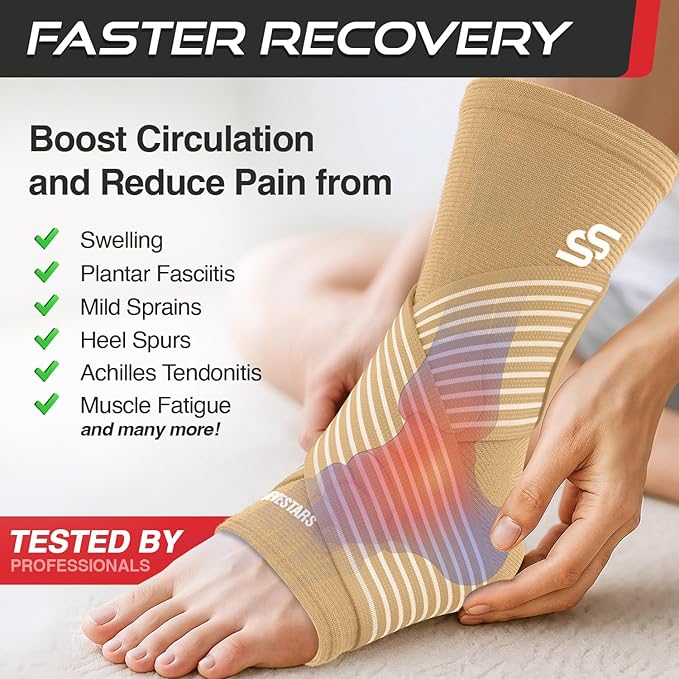 Sleeve Stars Ankle Brace for Women & Men, Ankle Wrap for Sprained Ankle, Compression Sleeve for Plantar Fasciitis Relief, Easy Customizable Support: w/Removable Strap (Single/M:10"-12"/Beige)