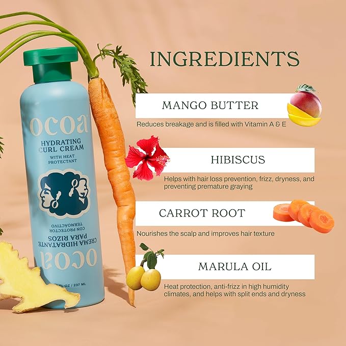 OCOA Beauty Hydrating Curl Cream with Hibiscus, Mango Butter & Marula Oil – Curl Defining Cream for Curly & Wavy Hair – Moisturizes, Controls Frizz, Adds Shine & Softness, Protects from Heat – 8oz