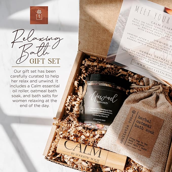 SOULISTIC ROOT Revitalizing Bath Gift - Premium Self-Care Bath & Body Set with Lavender Oatmeal Soak, Tranquil Essential Oil Roller, Epsom Salt Soak, Home Spa Kit, Valentine's Day Ready-to-Gift Box