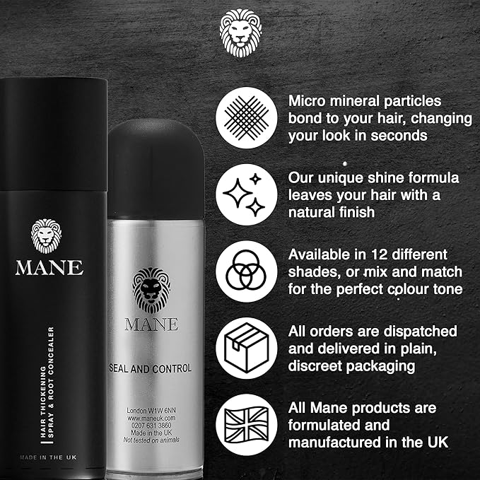 Mane Hair Thickening Spray & Root Touch Up, Seal & Control Combo Pack, Instantly Thicker Hair for Men & Women, Fill in Hairlines and Hide Thinning and Fine Patches - Black, 12 Colors (6.76 oz)