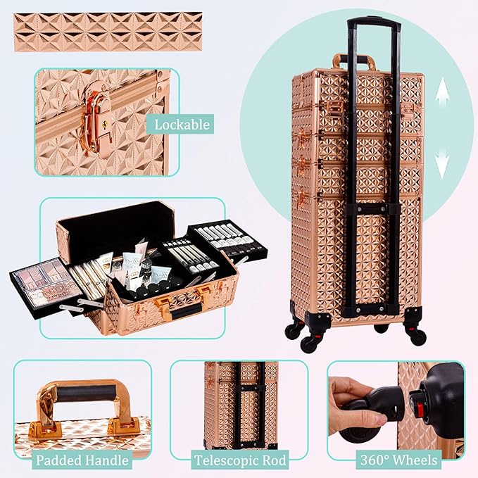 AROUS 5 in 1 Rolling Makeup Train Case Cosmetology Case on Wheels Large Cosmetic Organizer Travel Cart for Hairstylist Artist Nail Beauty Salon Barber,Gold