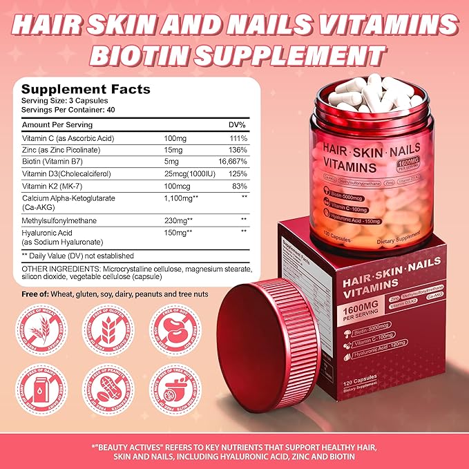Kereeao Biotin Supplement for Hair, Skin and Nails - Support Healthy Hair Growth for Women & Men - Strong Nails & Radiant Skin - with Biotin, Hyaluronic Acid, Vitamin C, D3 & K2-120 Capsules (1 Pack)