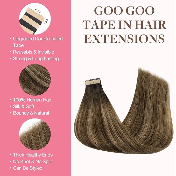 GOO GOO Tape in Hair Extensions Human Hair, 4D/14/5B Brunette Balayage, 16inch 50g 20pcs, Skin Weft Seamless Invisible, Silky Straight with Thick Ends, Remy Human Hair