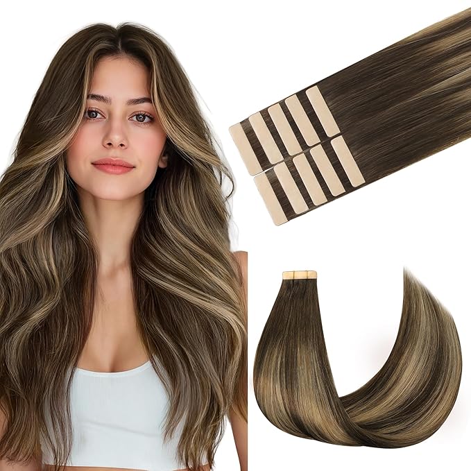 GOO GOO Tape in Hair Extensions Human Hair, 4/27/4 Balayage Chocolate Brown to Caramel Blonde, 16inch 25g 10pcs, Skin Weft Seamless Invisible, Silky Straight with Thick Ends, Remy Human Hair