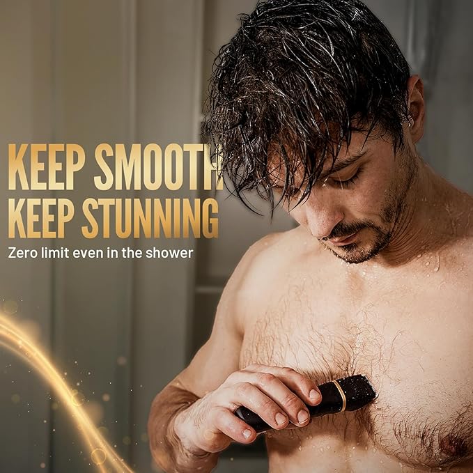 Electric Body Trimmer for Men, IPX7 Waterproof Groin and Pubic Hair Shaver, 2 in 1 Dual Head Grooming Kit for Beard Nose Ear, Cordless Rechargeable with Charging Dock, Ceramic Blades, Painless Trim