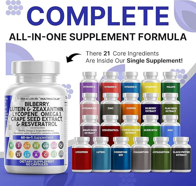 Clean Nutra Eye Vitamins with Bilberry Lutein and Zeaxanthin Supplements Lycopene 40mg Resveratrol Grape Seed Astaxanthin for Eyes - Eye Care Health Support Eye Vitamin and Mineral Supplement