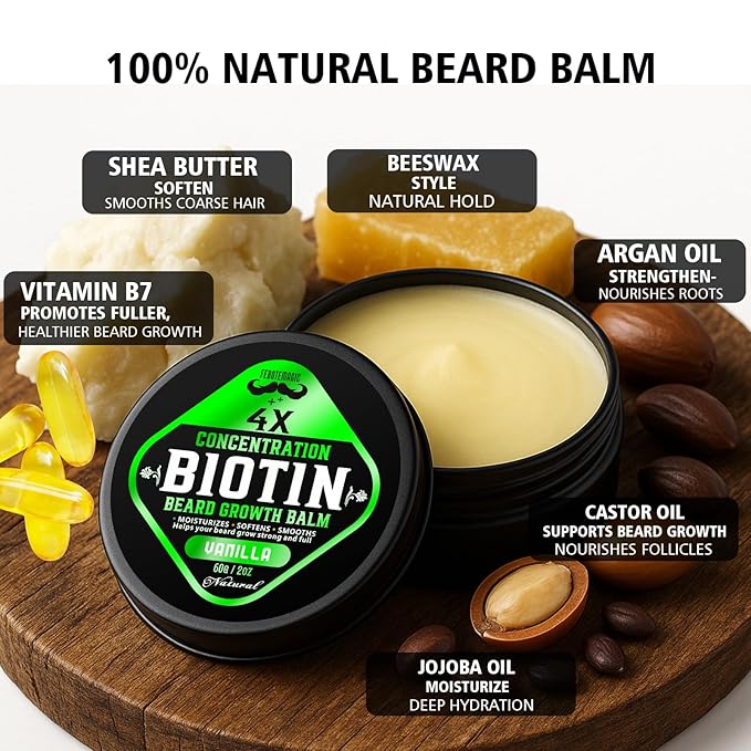 Biotin Beard Growth Balm for Men – Conditioning & Thickening Balm with Castor, Shea & Jojoba Oils – Non-Greasy, Softens & Nourishes for Fuller, Thicker Facial Hair – Vanilla Scent – 2 oz
