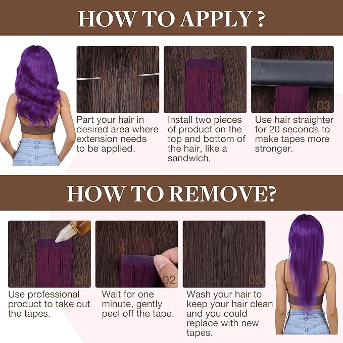 GOO GOO Tape in Hair Extensions Human Hair, Purple, 18inch 25g 10pcs, Colored Tape ins Human Hair Extensions, Silky&Soft Invisible Tape Ins, Hair Highlighted for Party