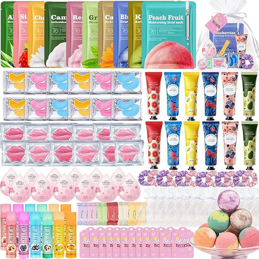 132 PCS Spa Party Supplies for Women, Spa Party Favors Includes Face Masks, Lip Masks, Eye Masks, Hand Cream, Lip Balm, Bath Bombs, Spa Birthday Sleepover Party Supplies Spa Party Favors