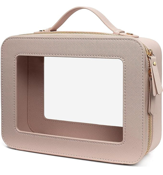 LETGO Clear Makeup Bag Organizer, Travel Toiletry Bag Cosmetic Case for Women, Portable Make Up Skincare Pouch Car Organizer Bag with Zippers for Essentials(Large-Nude)