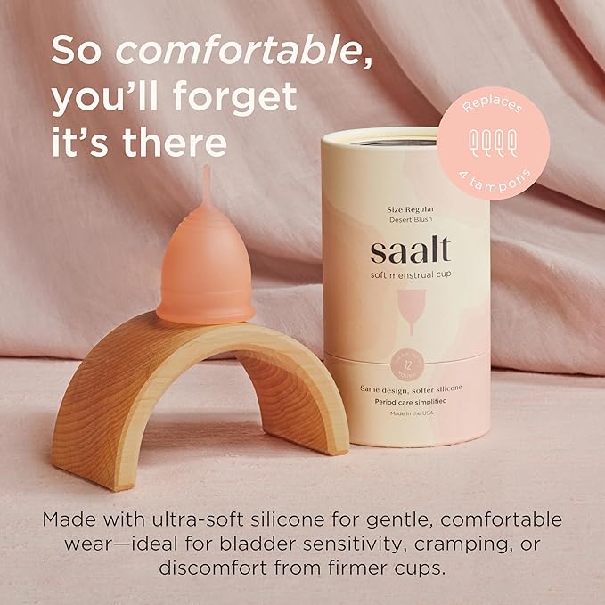 Saalt Soft Menstrual Cup – Reusable Period Cup – Made for Comfortable, Leak-Free Protection Up to 12 Hours – BPA & Latex Free – Includes Cup & Carry Bag (Regular, Desert Blush)