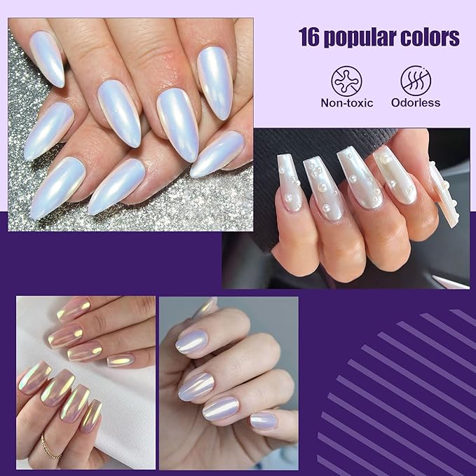 Artdone 16Jars Chrome Nail Powder Magic White Pearl Kit Colored Mirror Effect Silver Gold Metallic Stuff Holographic Dip Nail Pigment Powder For Resin Craft & Nail Art Accessories Decoration Supplies