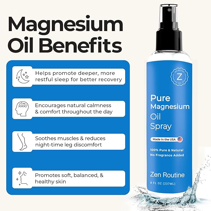 Pure Magnesium Oil Spray 8oz (Single) – USP Grade – Topical for Feet, Body, Muscles, Leg Cramps & Sleep – Extra Strength, Less Sting – 100% Organic & Natural — Made in USA