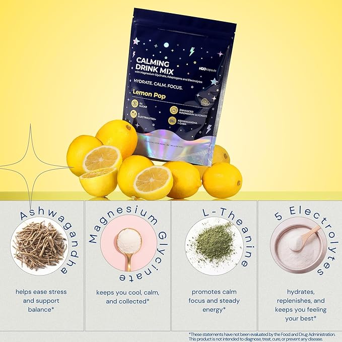 Calm Magnesium Glycinate Powdered Drink Mix with Electrolytes – Sugar Free with Ashwagandha, L-Theanine, Vitamin B 6& GABA – Cortisol Support, Stress Relief, Hydration & Focus - 20 servings (Lemon)