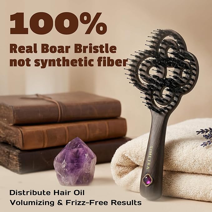 SIMETRA Lucky Hair Brush for Women & Men, 14K Gold Plated Wet Brush Detangling Brush for All Hair Types, Natural Crystal Inlay Boar Bristle Hair brush, Curly Detangler HairBrush for Scalp Massage Gift