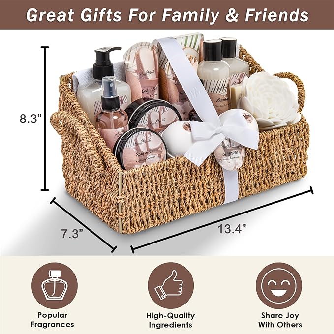 Bath Spa Gift Sets - Luxury Basket With Coconut & Vanilla - Spa Kit Includes Wash, Bubble Bath, Lotion, Bath Salts, Body Scrub, Shower Puff, Bathbombs, Soap and Towel