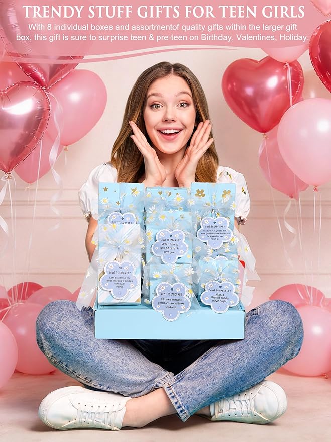 Valentines Day Gifts for Tween & Teen Girls - 8 PCS Birthday Gift Basket Teenage Girl Gifts Trendy Stuff w/ Fun Task Tags Makeup Brushes & Bag, Empower Positive Wrapped Gift Box for Daughter Niece