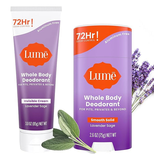Lume Whole Body Deodorant - Invisible Cream and Solid - 72 Hour Odor Control - Aluminum Free, Baking Soda Free, Skin Safe - 3.0 Ounce Cream and 2.6 Ounce Solid Bundle (Lavender Sage)